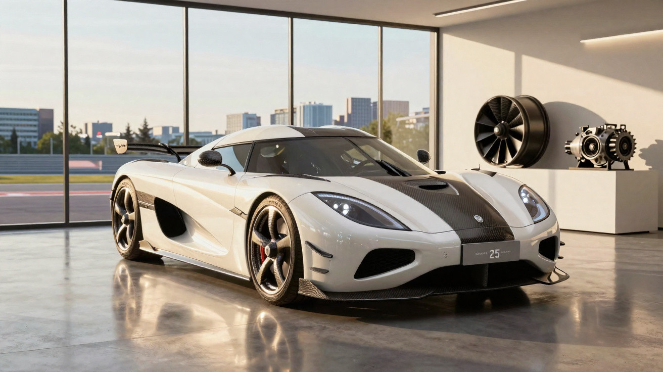 Carro esportivo branco com detalhes em fibra de carbono em showroom moderno com máquinas expostas ao fundo.