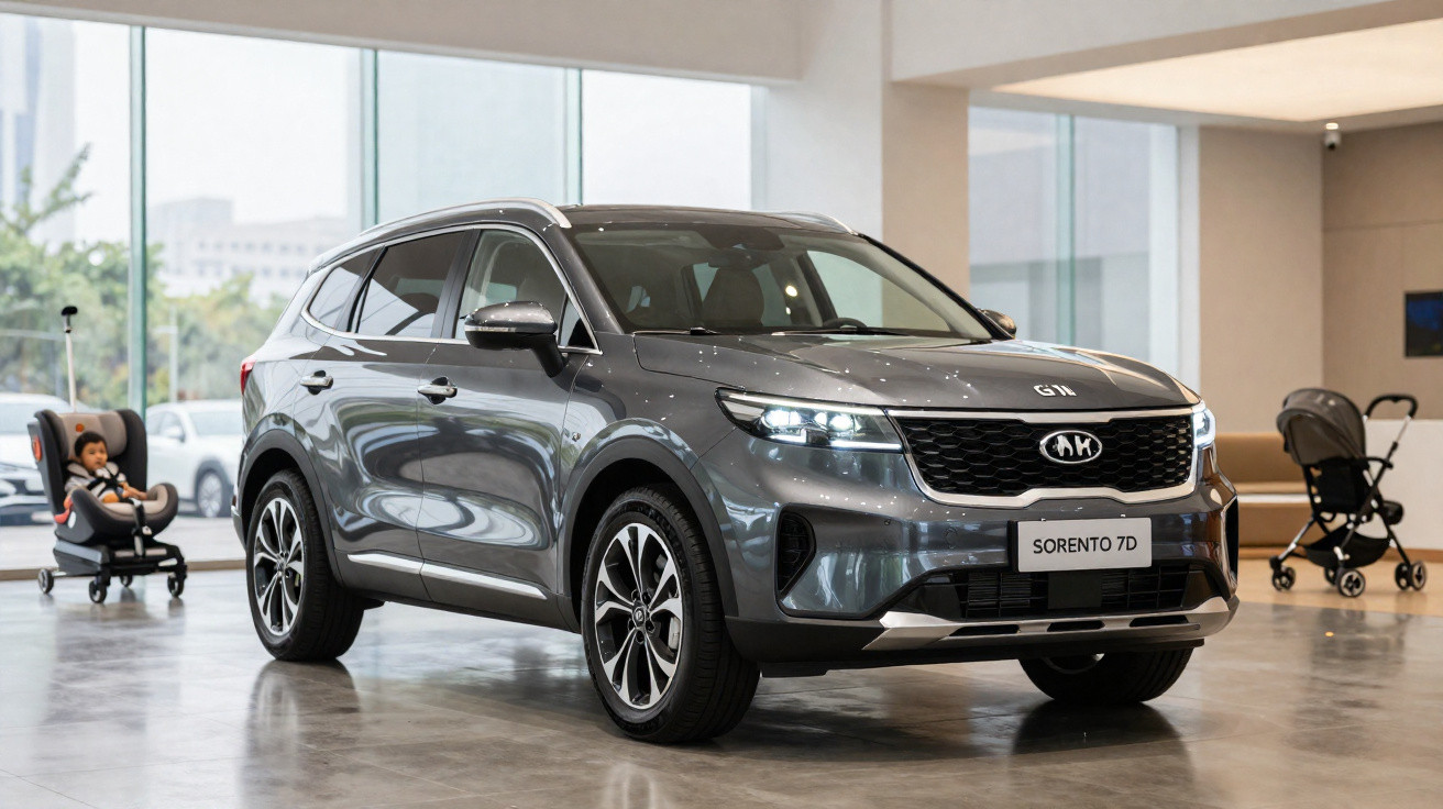 Carro SUV cinza Kia Sorento 7D exposto em showroom moderno com cadeirinha e carrinho de bebê ao fundo.