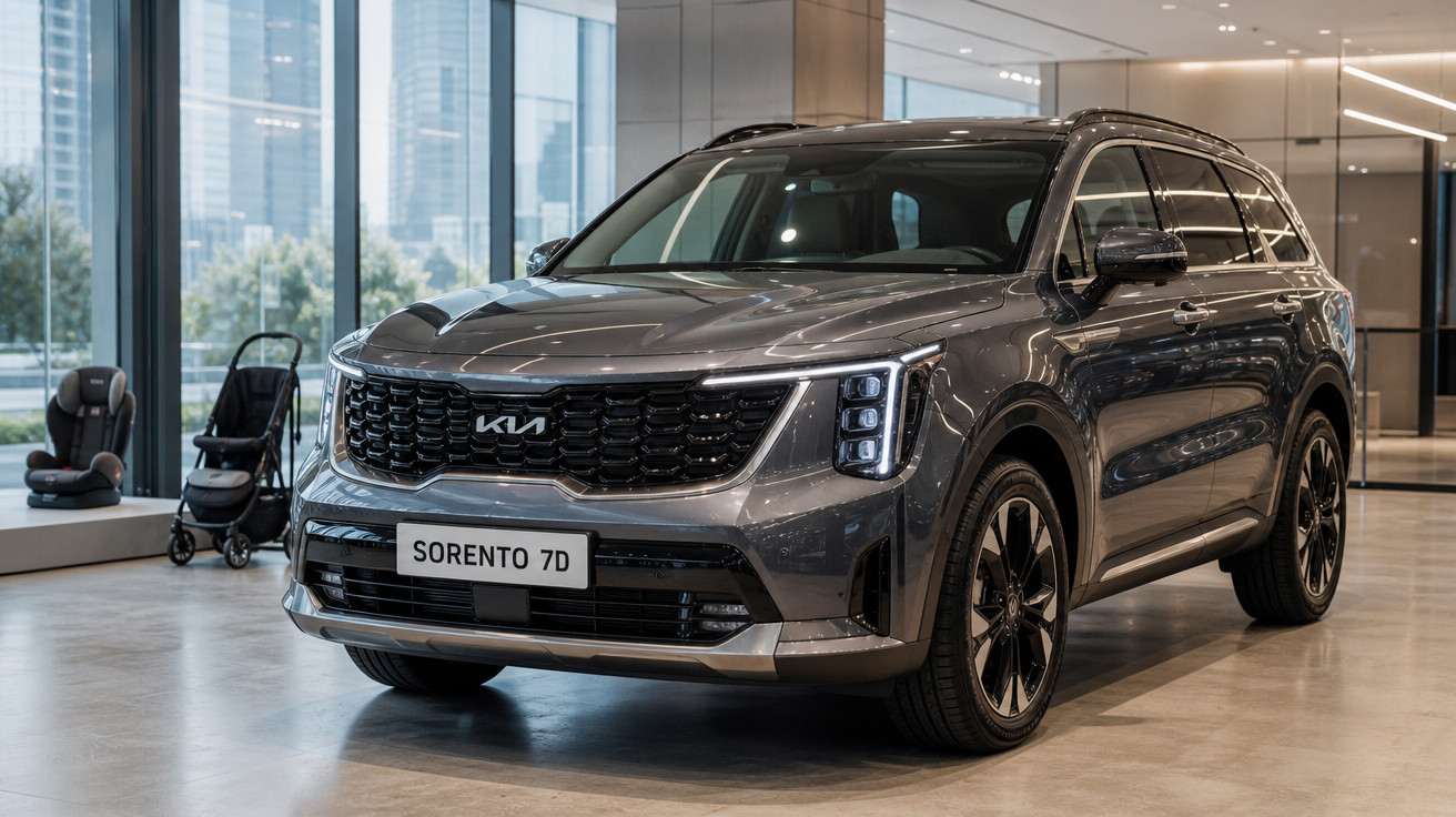 Carro Kia Sorento 7D cinza exposto em showroom moderno com janelas de vidro e carrinho de bebê ao fundo.
