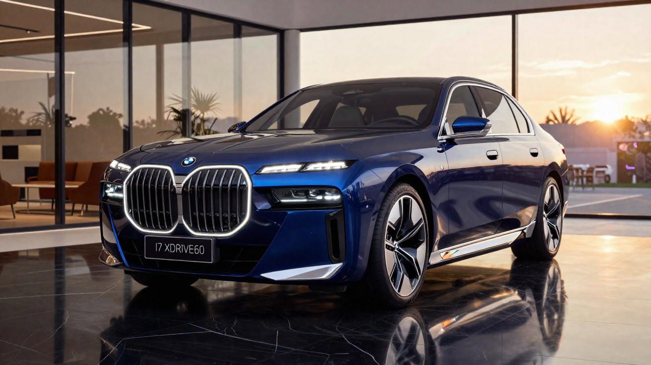 BMW i7 xDrive60 azul com design moderno estacionado em piso brilhante ao pôr do sol.