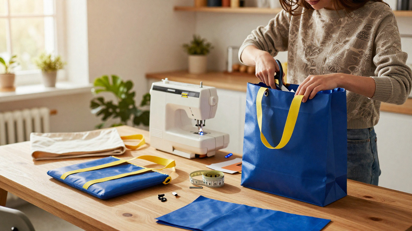 Pessoa fazendo uma bolsa azul com alças amarelas em uma mesa com máquina de costura e materiais.