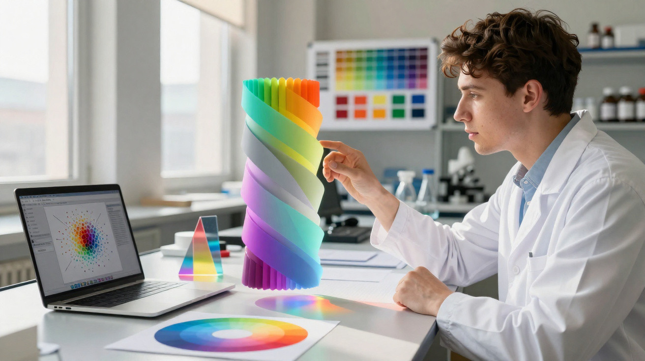 Homem em laboratório analisa modelo 3D colorido de espectro de cores ao lado de laptop e gráficos.