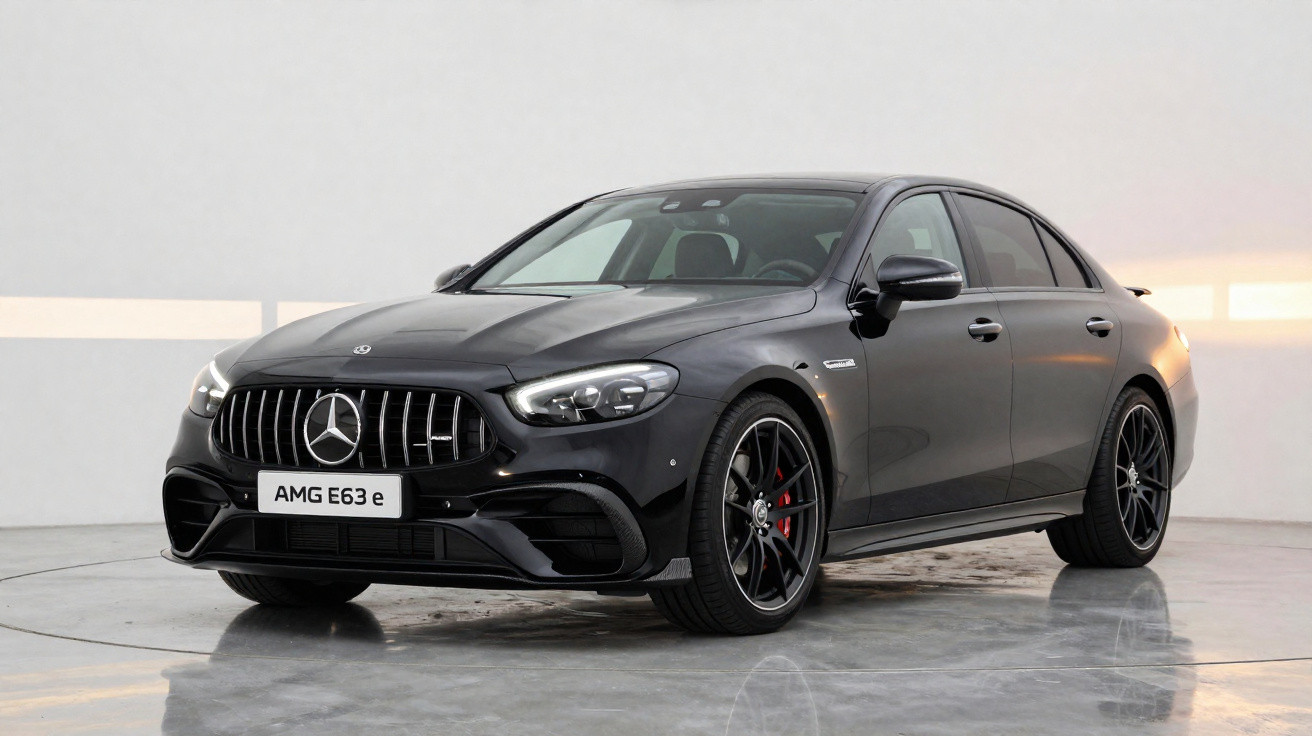 Carro preto Mercedes-Benz AMG E63 e sedan esportivo em estúdio com fundo claro e piso refletivo.