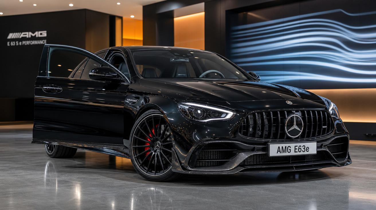 Carro esportivo Mercedes-AMG E63e preto com porta dianteira aberta em showroom moderno.