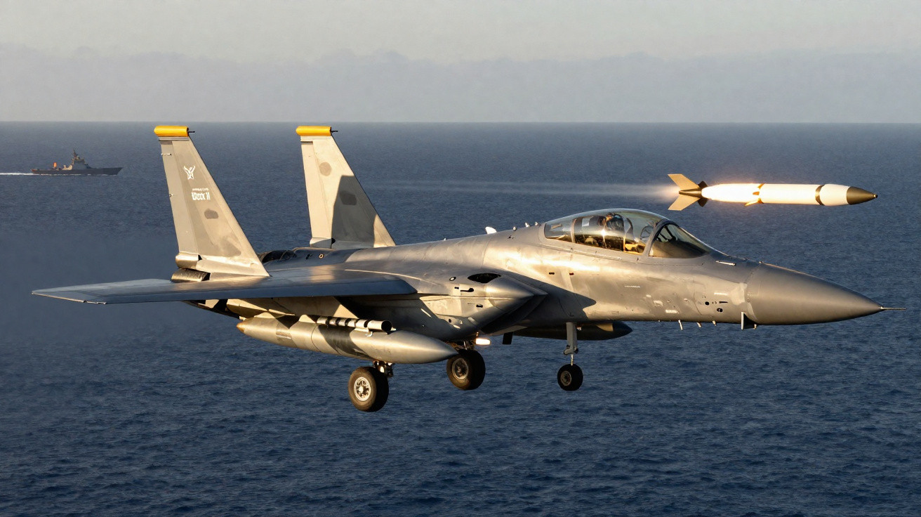 Caça F-15 em voo lançando um míssil sobre o mar com navio no horizonte ao fundo.
