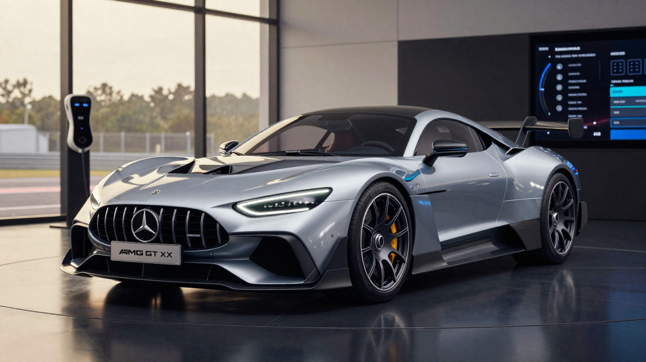Carro esportivo Mercedes AMG GT XX cinza estacionado em ambiente interno moderno com tela digital ao fundo.