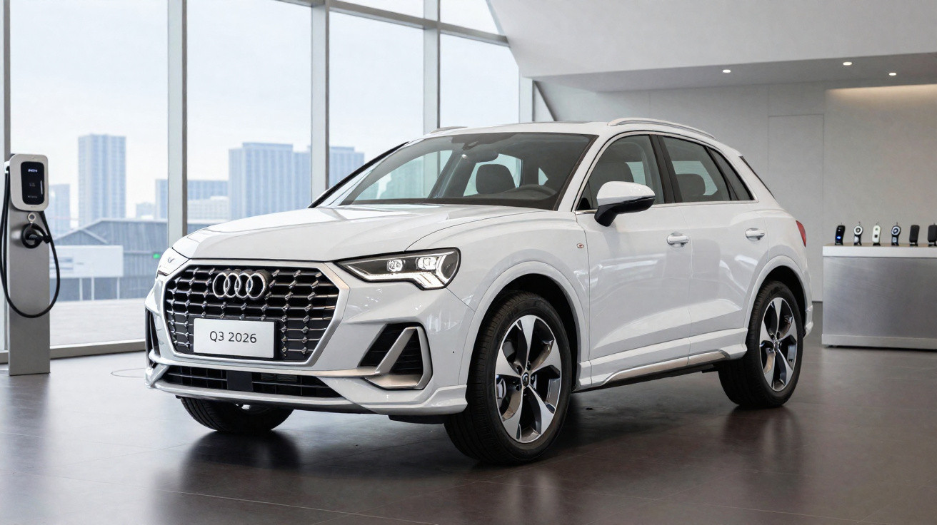 Carro branco Audi Q3 2026 exposto em showroom moderno com parede de vidro e estação de recarga elétrica.