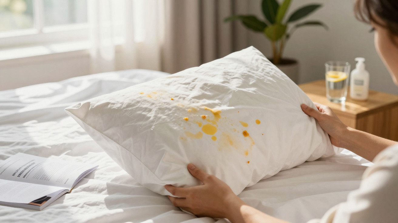 Pessoa segurando travesseiro branco com manchas amarelas sobre cama branca em quarto iluminado.