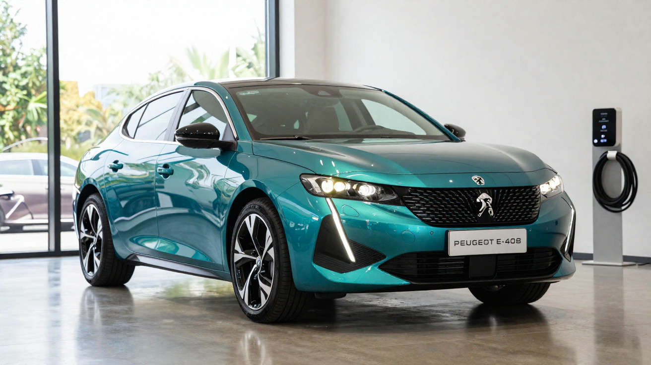 Carro elétrico Peugeot E-408 azul exibido em showroom moderno com estação de carregamento ao lado.