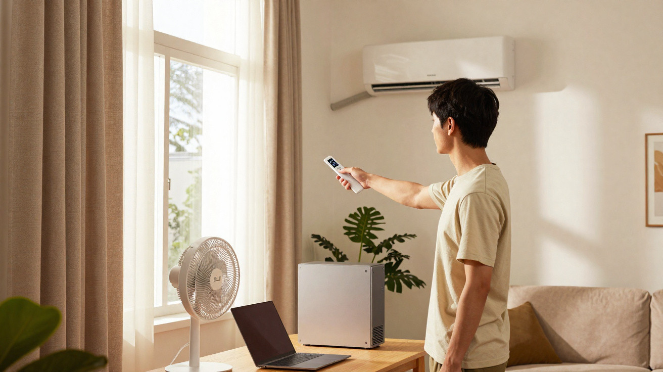Homem em sala com ar-condicionado acionando controle remoto, ventilador, computador e planta no ambiente.