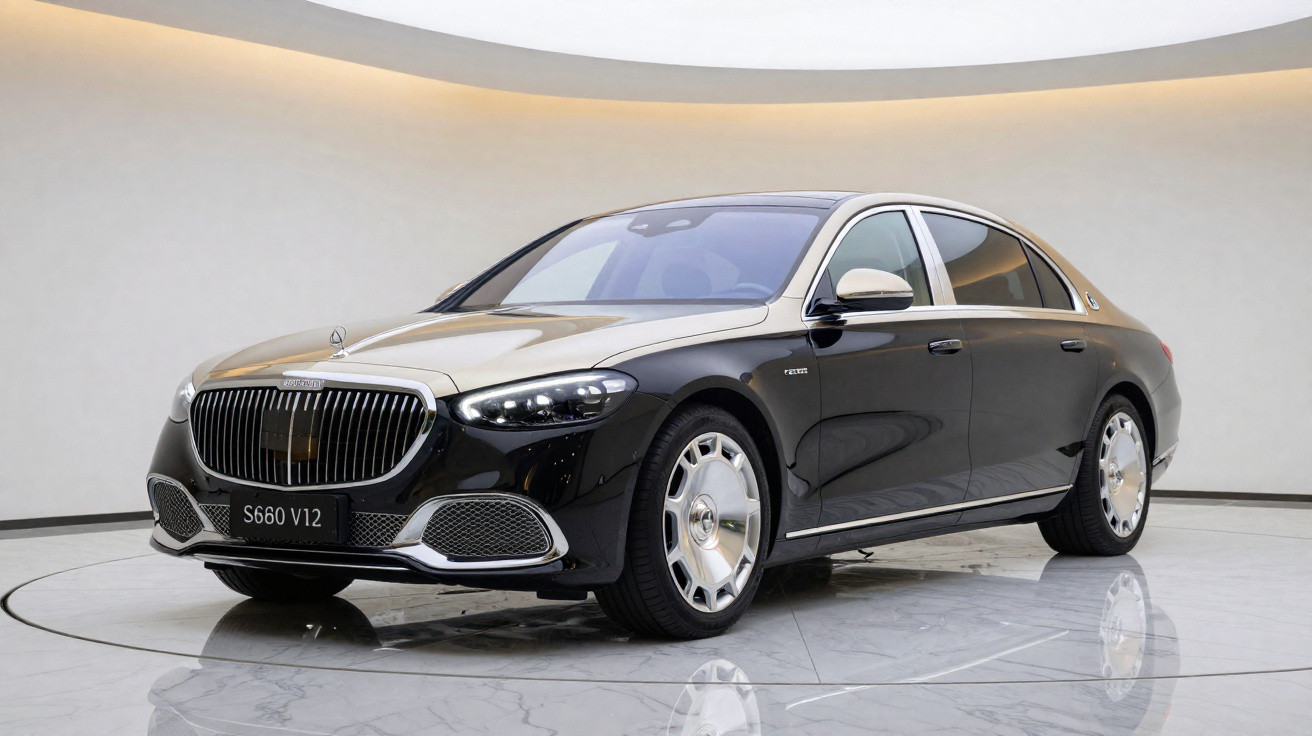 Carro de luxo Mercedes-Benz S680 V12 preto em ambiente interno moderno com piso de mármore.