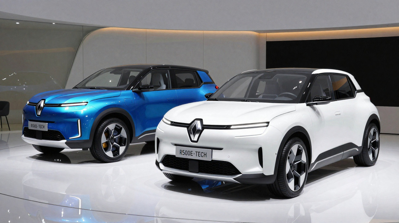 Dois carros elétricos Renault R500E-TECH nas cores branca e azul exibidos em estande moderno.