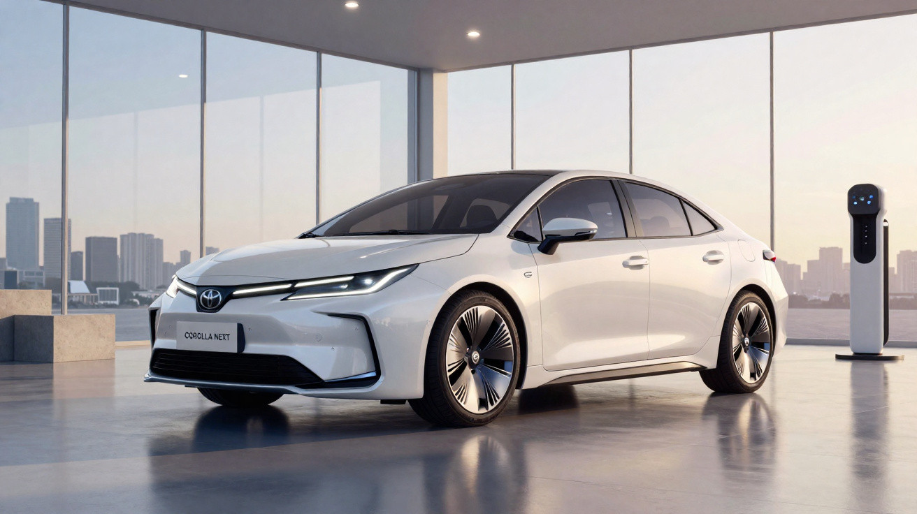 Carro elétrico branco Toyota Corolla Next em ambiente interno moderno com estação de recarga ao lado.