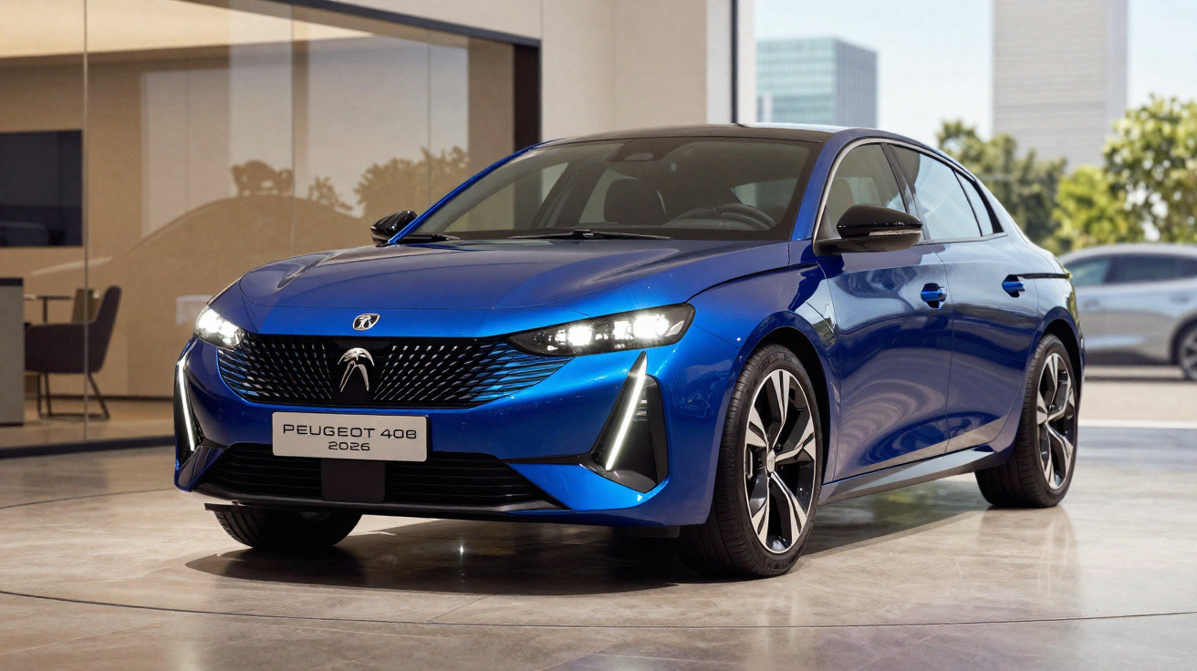 Carro sedã azul Peugeot 408 2026 exibido em ambiente interno moderno com iluminação natural.