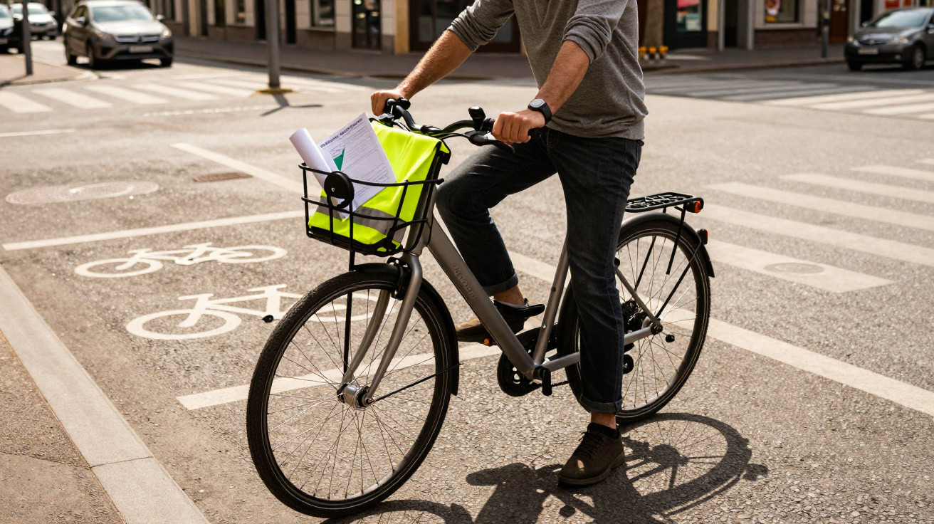 Pessoa de camiseta cinza pedalando bicicleta cinza em ciclovia urbana com cesta e documentos.
