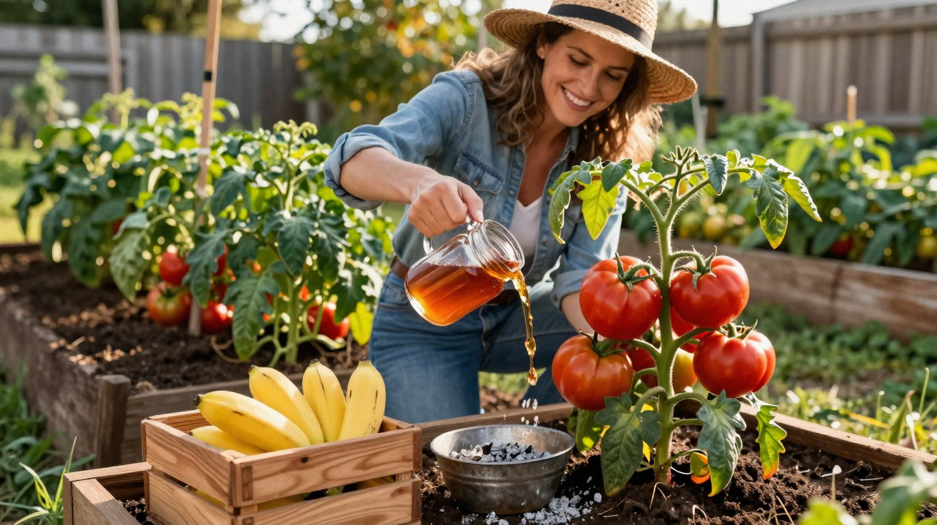 Mulher sorrindo regando planta de tomate em horta urbana com cesta de bananas ao lado.