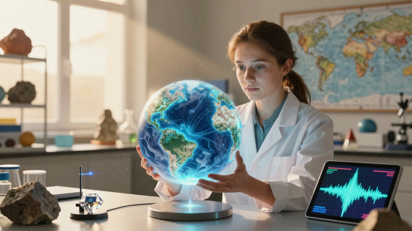 Mulher cientista em laboratório segurando um globo terrestre digital holográfico iluminado.