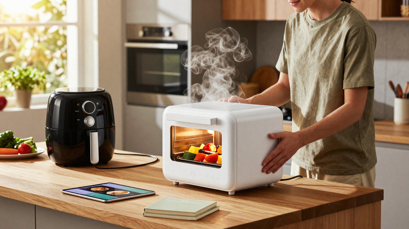 Pessoa abrindo mini forno branco em cozinha moderna com alimentos cozinhando e fritadeira elétrica ao lado.