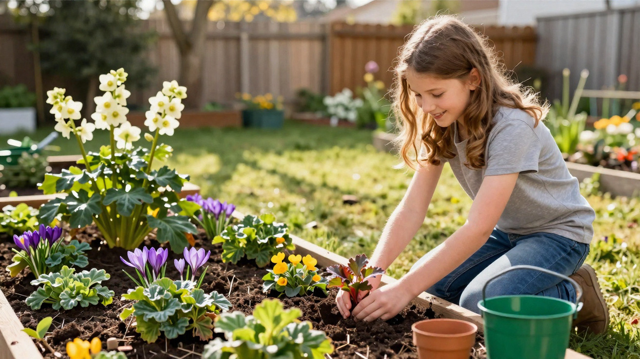Menina sorridente plantando flores em canteiro no jardim ensolarado de casa.