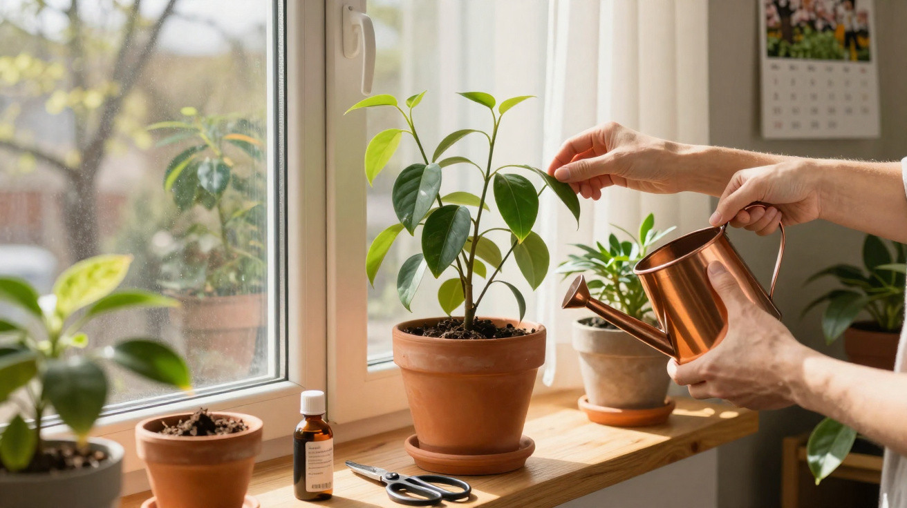Mãos regando planta em vaso de cerâmica sobre parapeito de janela com outras plantas ao redor.