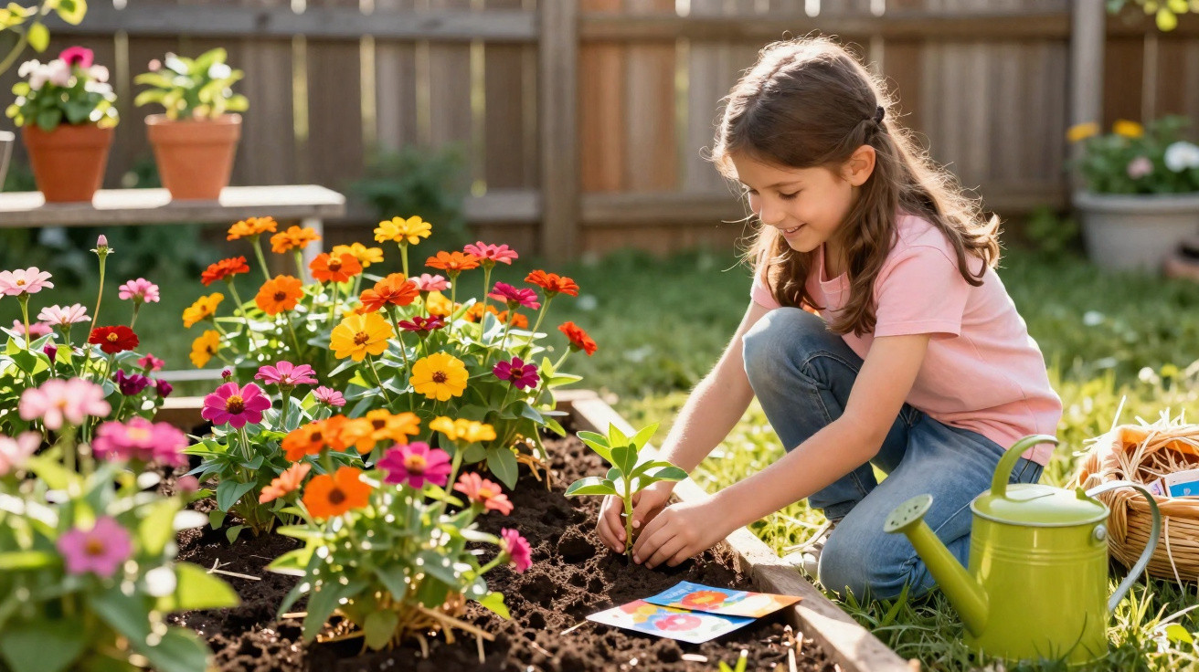 Menina plantando muda em canteiro com flores coloridas em jardim ensolarado.