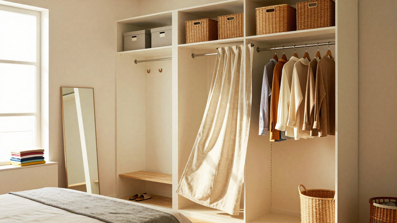 Closet organizado com roupas penduradas, cestas de palha e espelho em ambiente claro e minimalista.