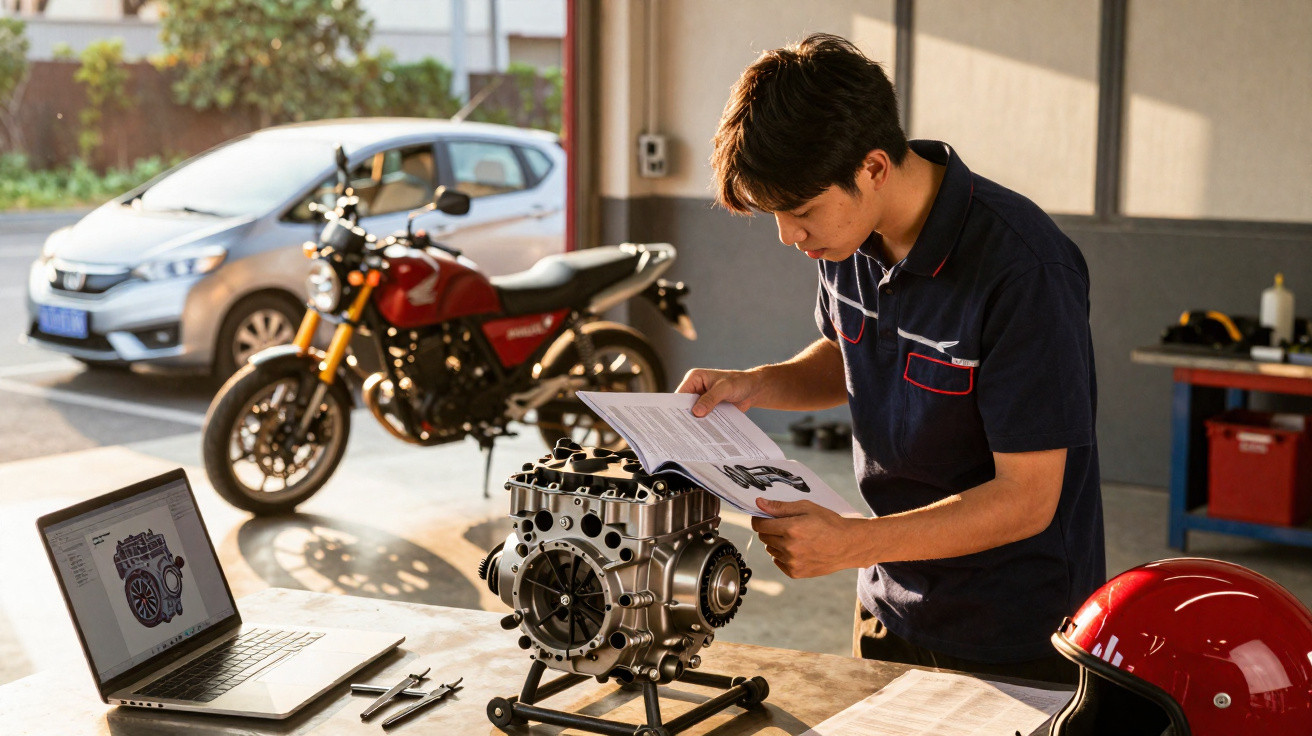 Homem consultando manual técnico ao lado de motor, laptop e capacete em oficina com moto ao fundo.