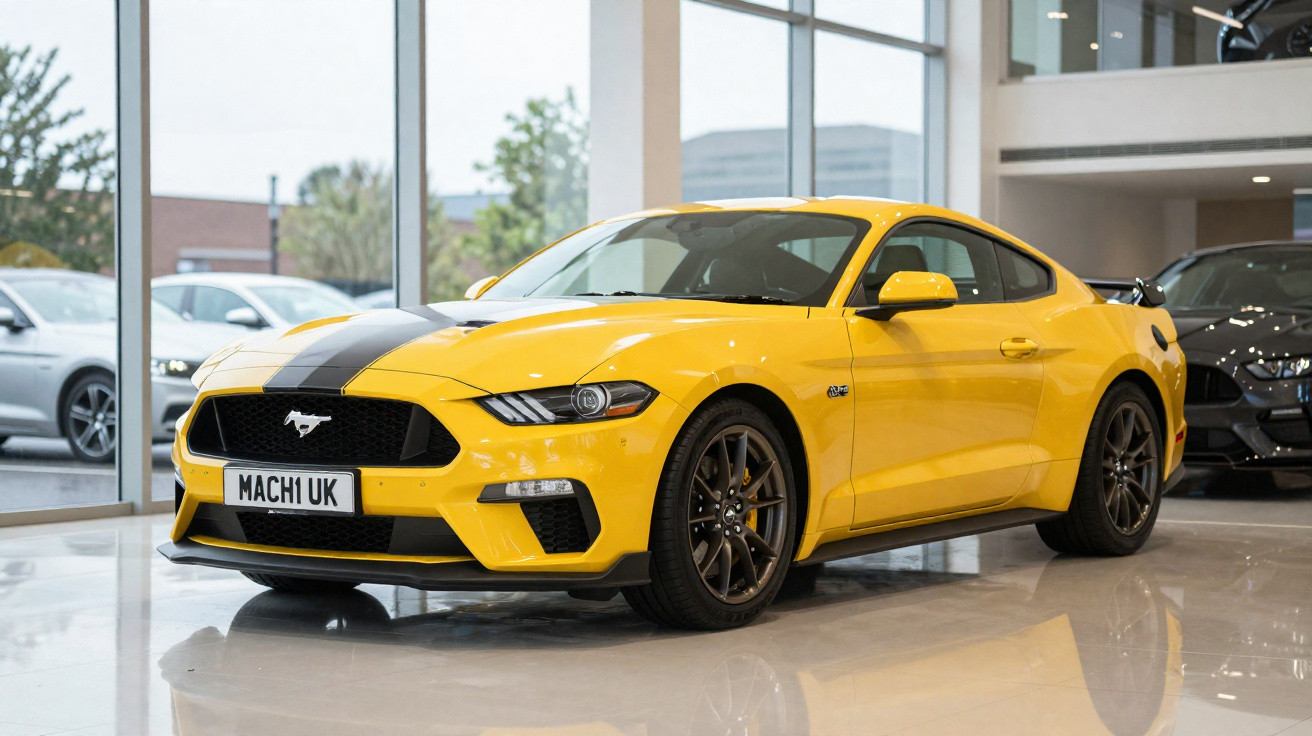 Carro esportivo Ford Mustang amarelo com faixa preta no capô em showroom moderno.