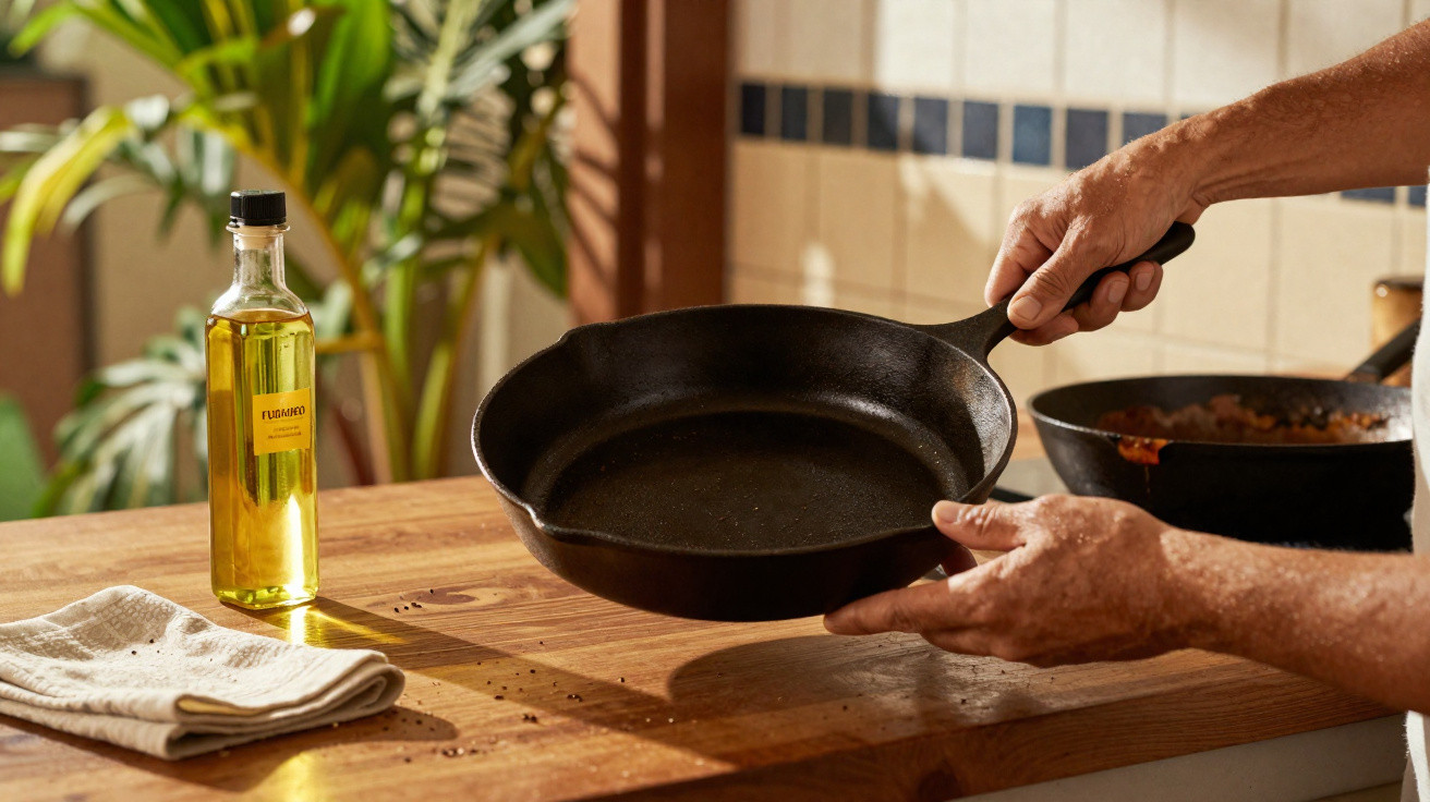 Mãos segurando frigideira de ferro sobre bancada de madeira com azeite e pano ao lado em cozinha.