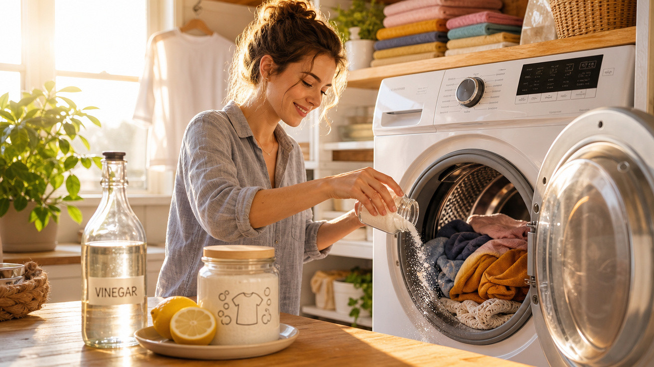 Mulher sorridente colocando detergente no tambor da máquina de lavar roupas em cozinha iluminada.
