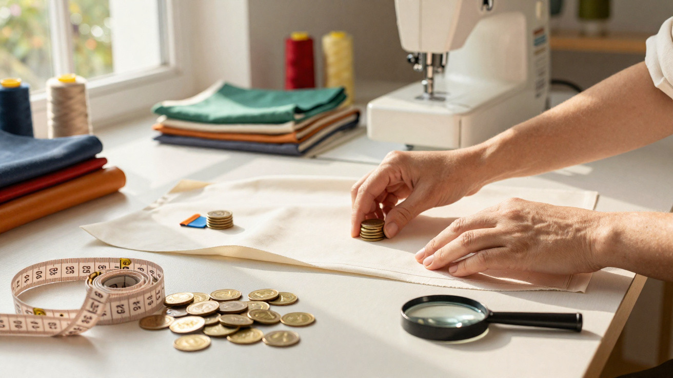Mãos organizando moedas sobre tecido branco com máquina de costura, fita métrica e tecidos coloridos ao fundo.