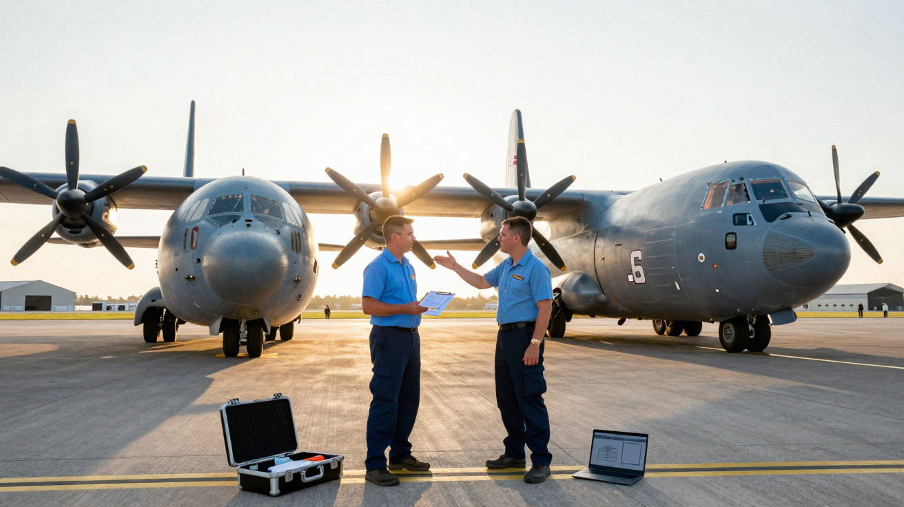 Dois homens em uniforme azul conversam em frente a dois aviões militares estacionados ao pôr do sol.