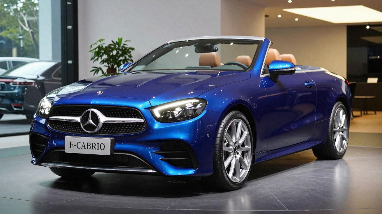 Carro conversível Mercedes-Benz azul exibido em showroom com interior caramelo e placa E-CABRIO.
