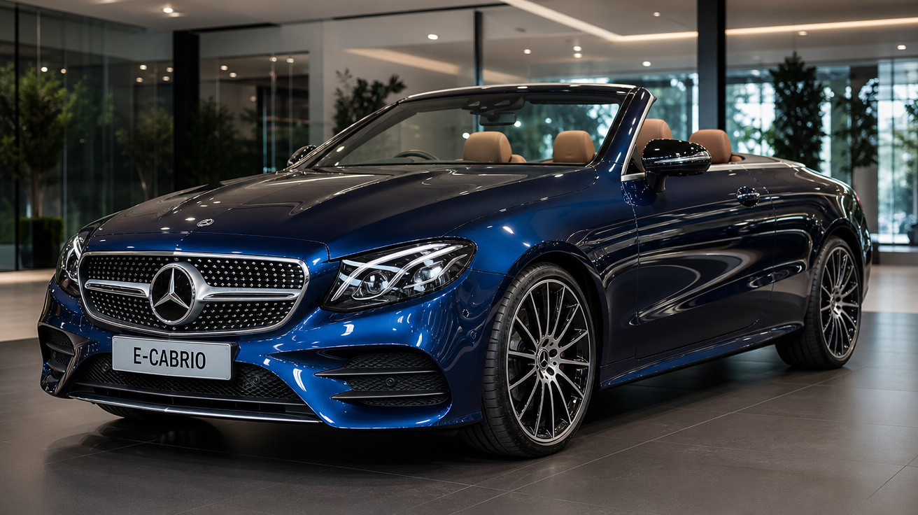 Carro conversível Mercedes-Benz azul metálico em showroom moderno com interior bege.