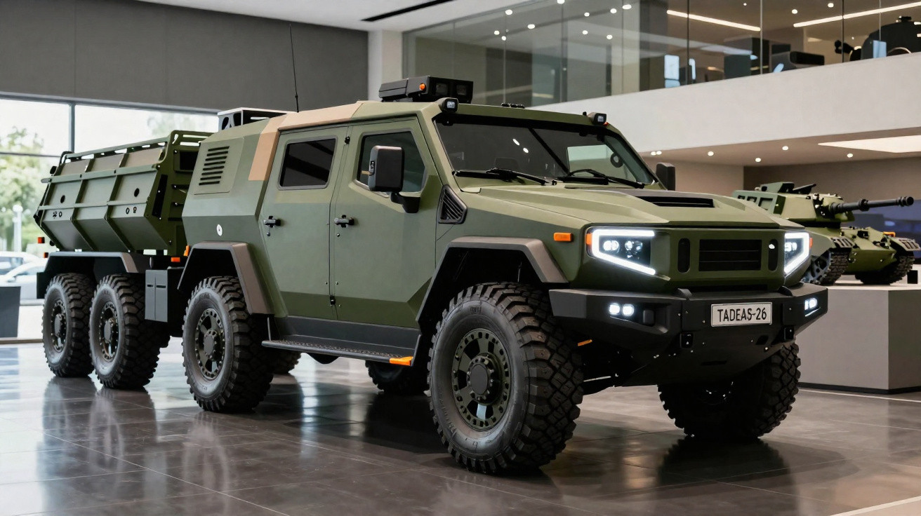 Veículo militar blindado verde com reboque em exibição interna, com tanque ao fundo.