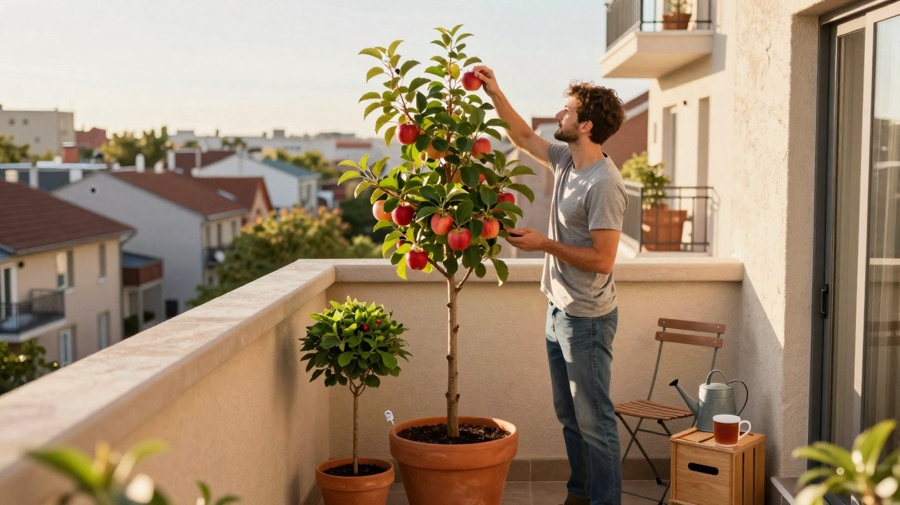 Homem colhendo maçã em árvore frutífera plantada em vaso na sacada de apartamento ao entardecer.
