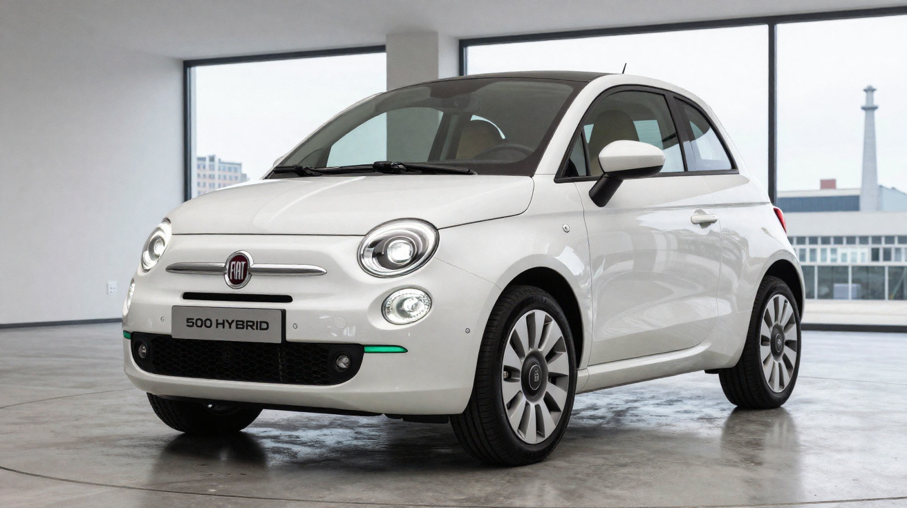 Carro Fiat 500 Hybrid branco estacionado em garagem moderna com piso de cimento polido.