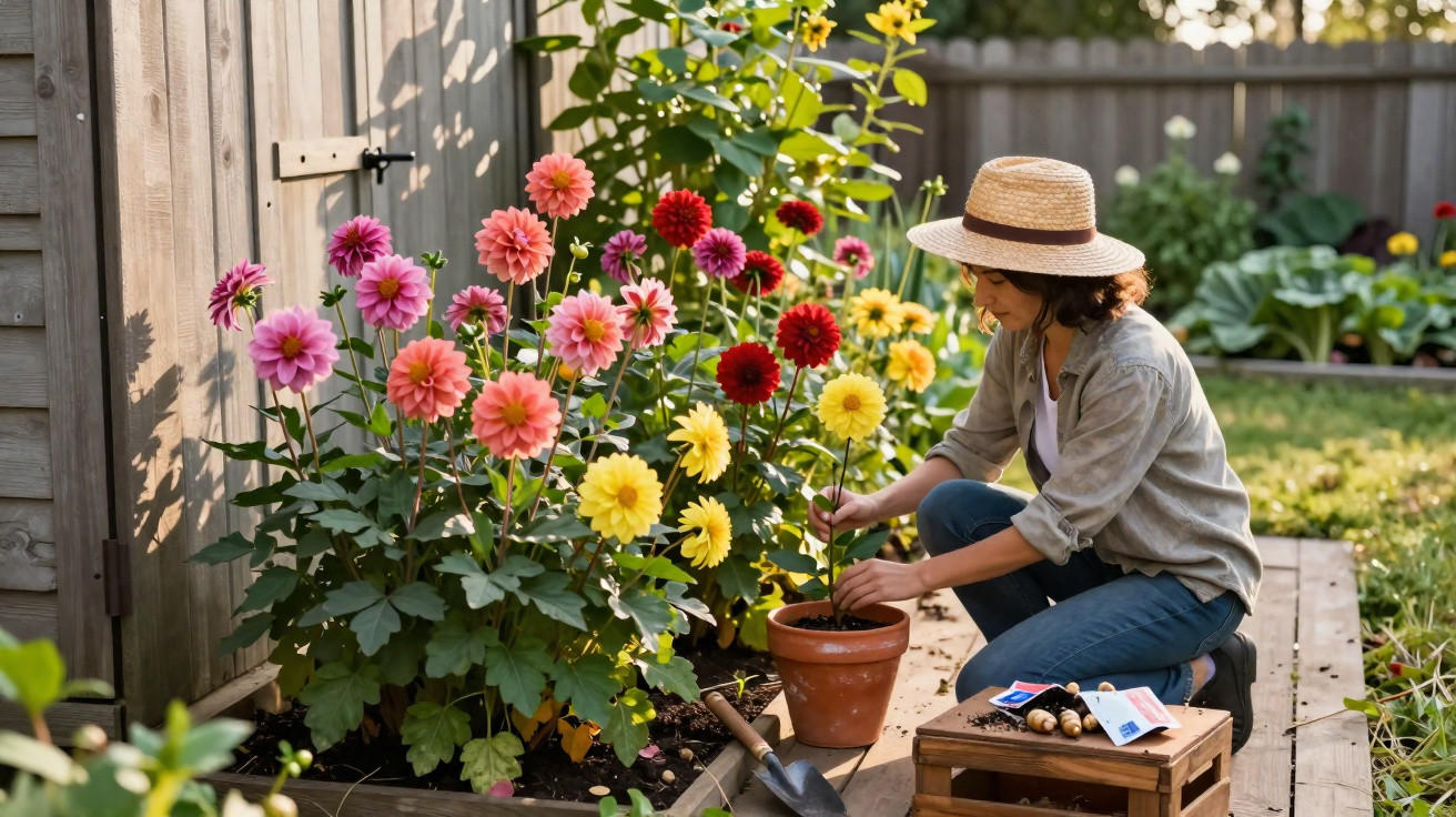 Mulher de chapéu cuidando de planta em vaso próximo a flores coloridas em pequeno jardim ao lado de casa.