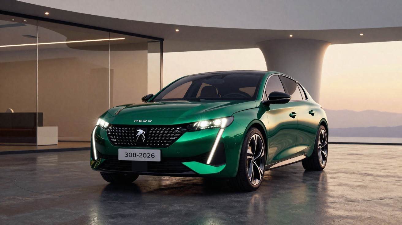 Carro sedan verde Peugeot 308 2026 estacionado em ambiente moderno com luzes acesas.