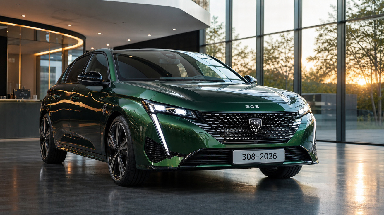 Carro verde Peugeot 308 2026 em ambiente interno com janelas de vidro e luz do pôr do sol.