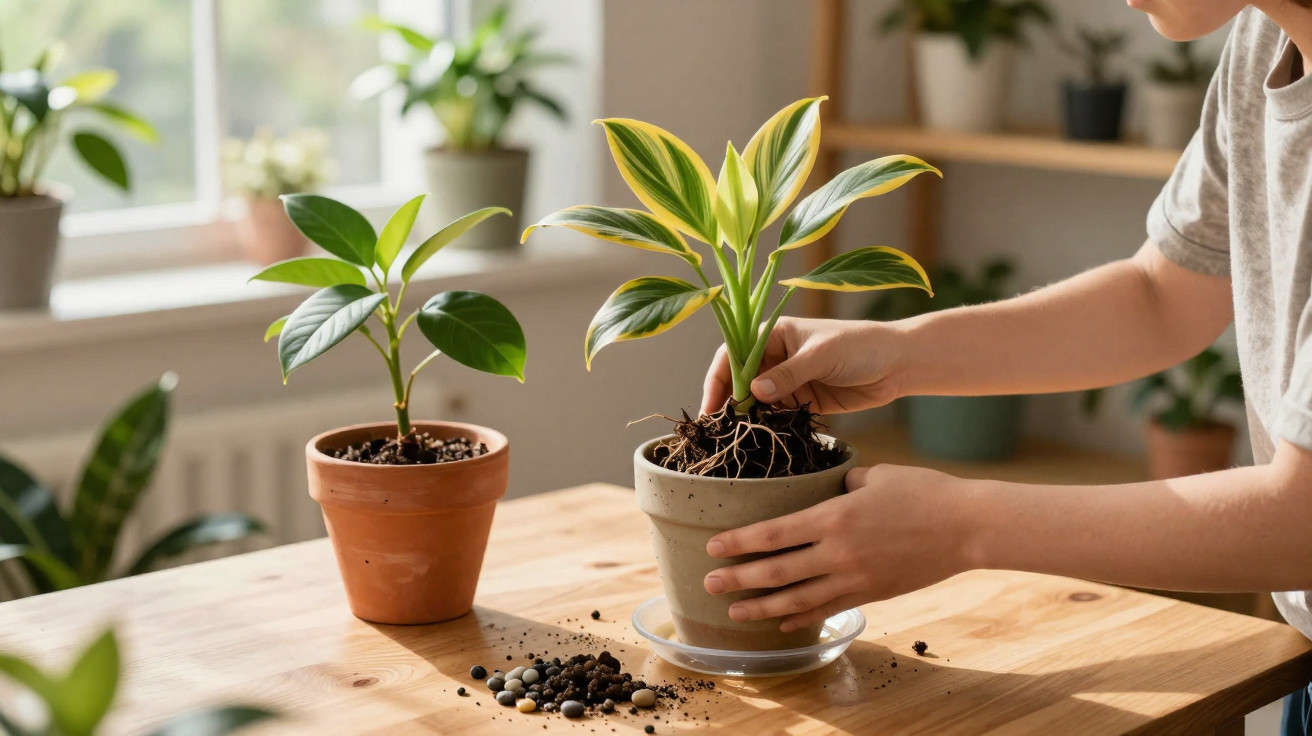 Pessoa transplantando planta em vaso cinza sobre mesa de madeira perto de planta em vaso de barro.