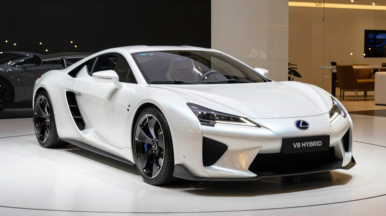 Carro esportivo branco Lexus V8 Hybrid exposto em ambiente interno com piso branco e iluminação artificial.