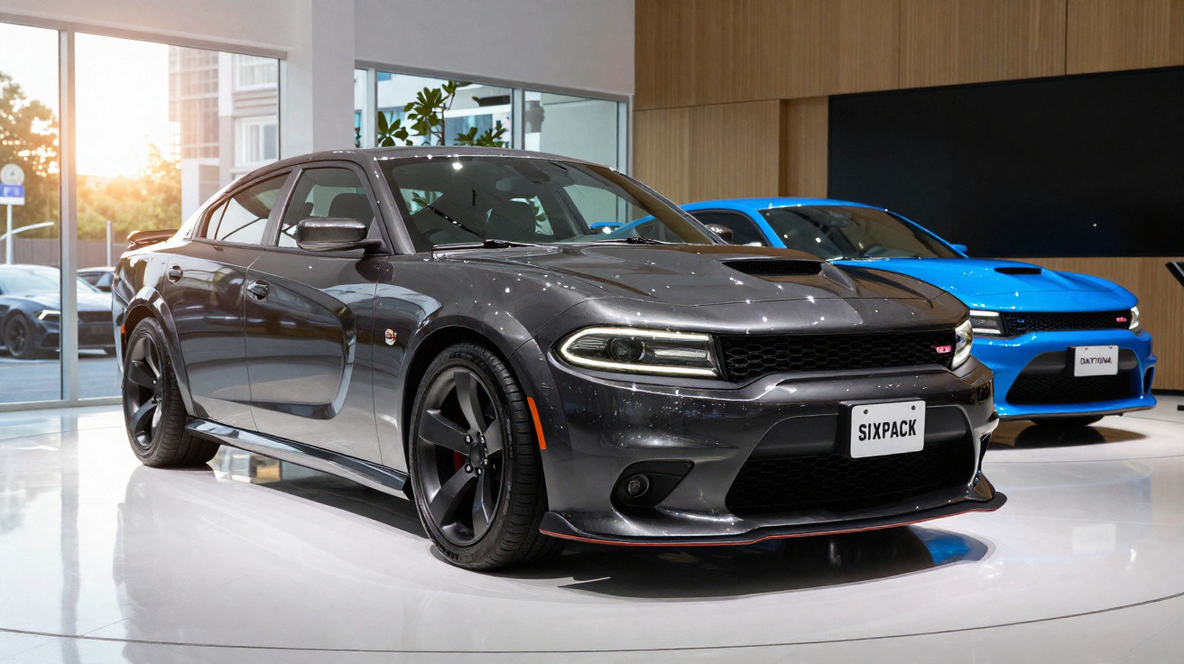 Carro esportivo cinza escuro estacionado em showroom moderno com outro carro azul ao fundo.