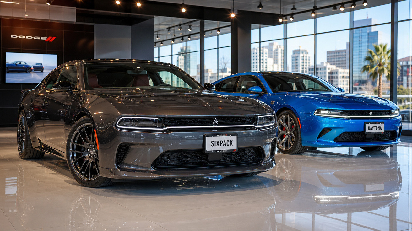 Dois carros esportivos Dodge, um cinza com placa Sixpack e um azul com placa Daytona, em showroom com parede de vidro.