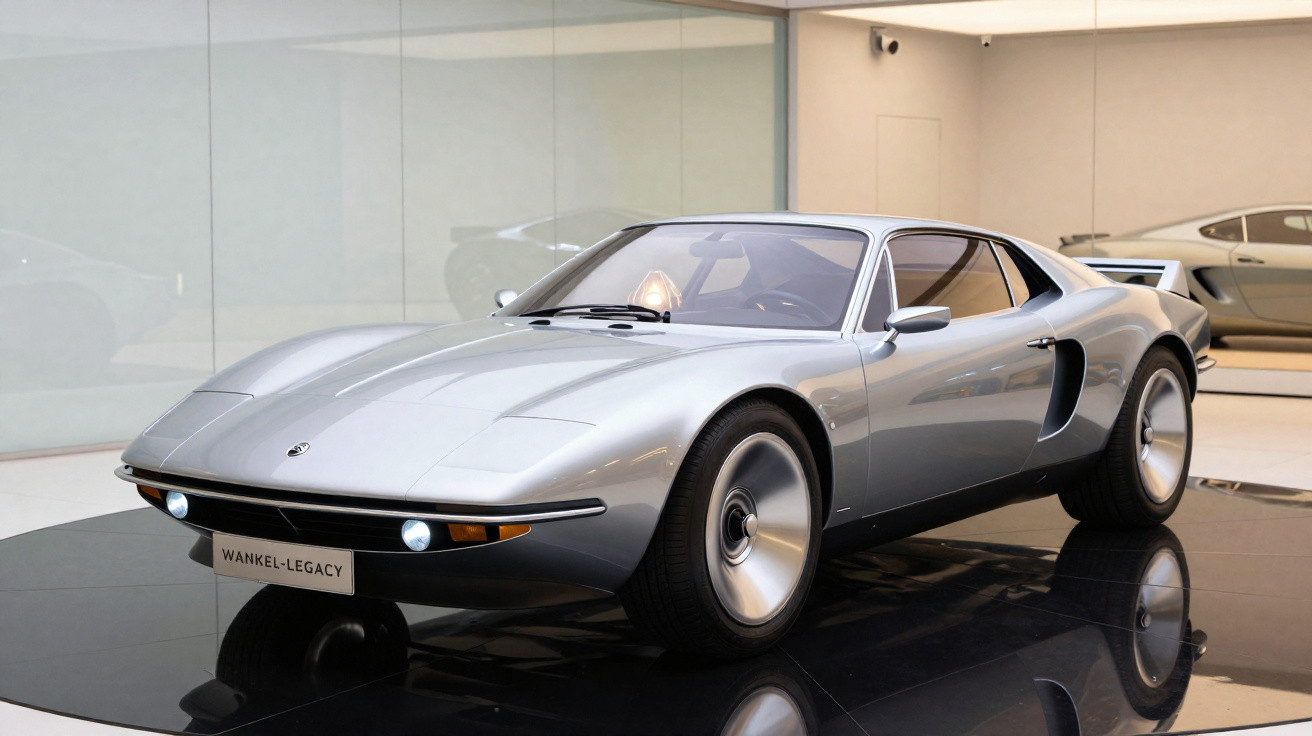 Carro esportivo clássico prata Wankel-Legacy em exposição com design aerodinâmico e rodas largas.