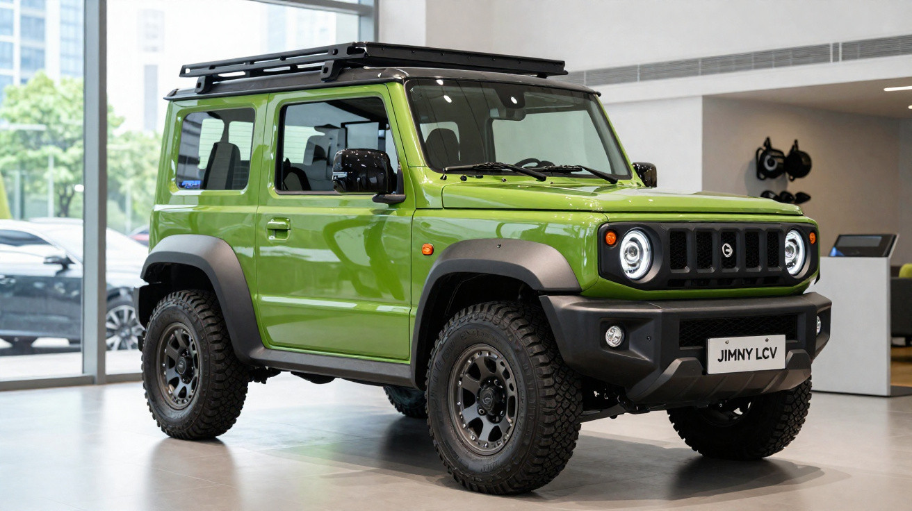 Carro SUV verde Suzuki Jimny LCV estacionado em showroom com teto preto e rodas grandes.