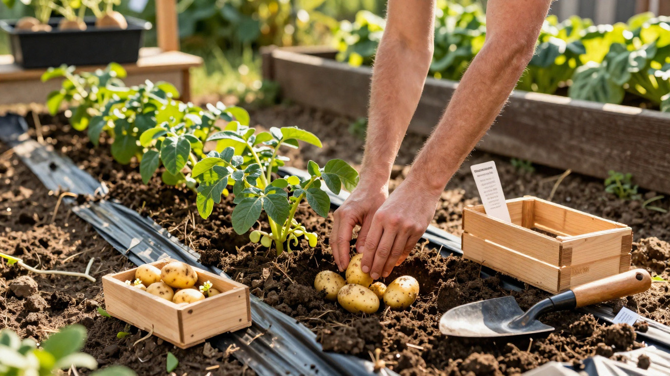 Mãos colhendo batatas recém-cavadas em uma horta com caixa de madeira e pá ao lado.