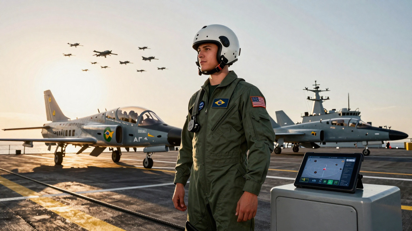 Militar brasileiro com uniforme e capacete em hangar com jato, navio e drones voando ao fundo no entardecer.