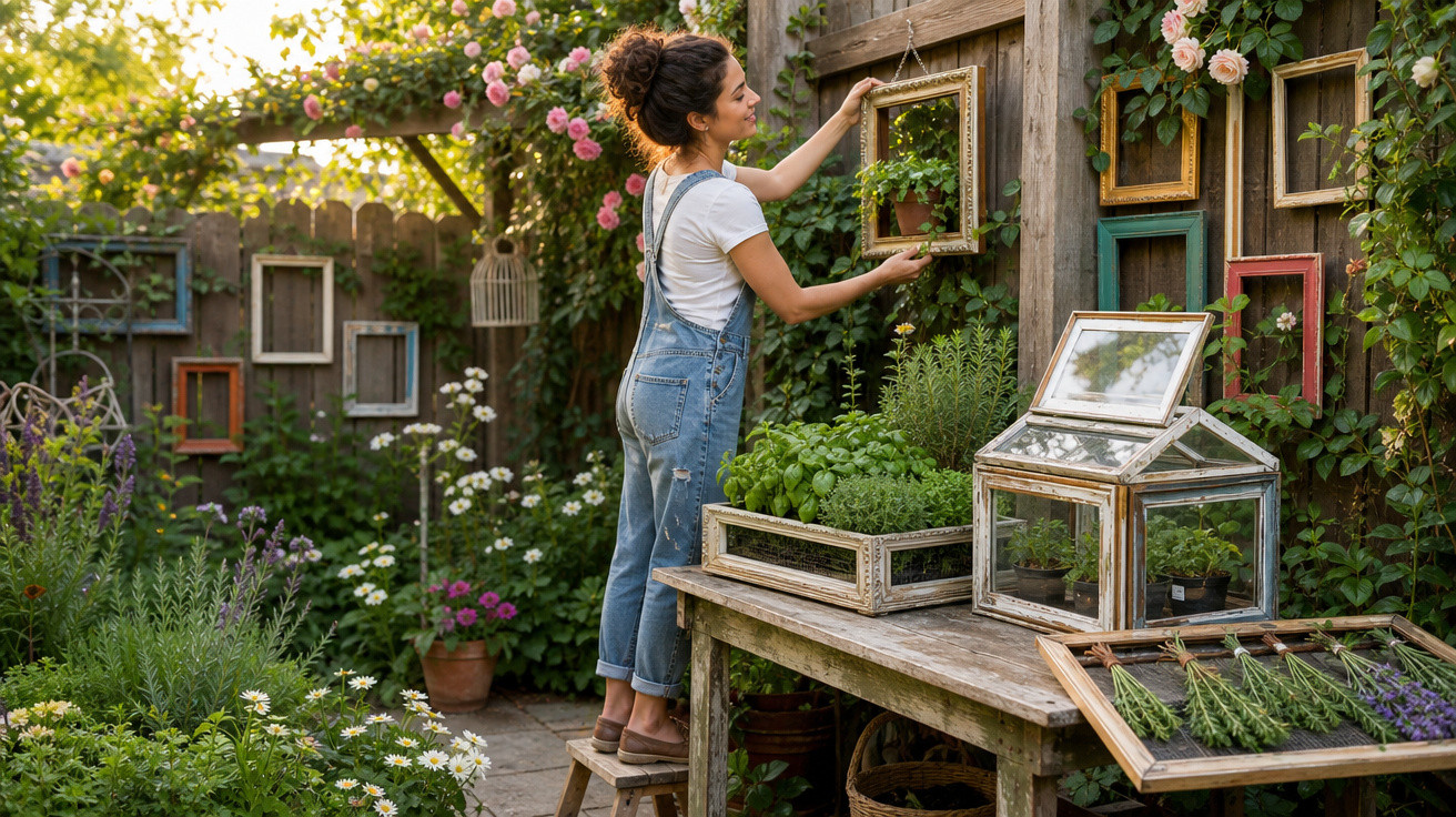 Mulher organiza moldura em jardim cheio de plantas e flores, usando jardineira jeans e camiseta branca.