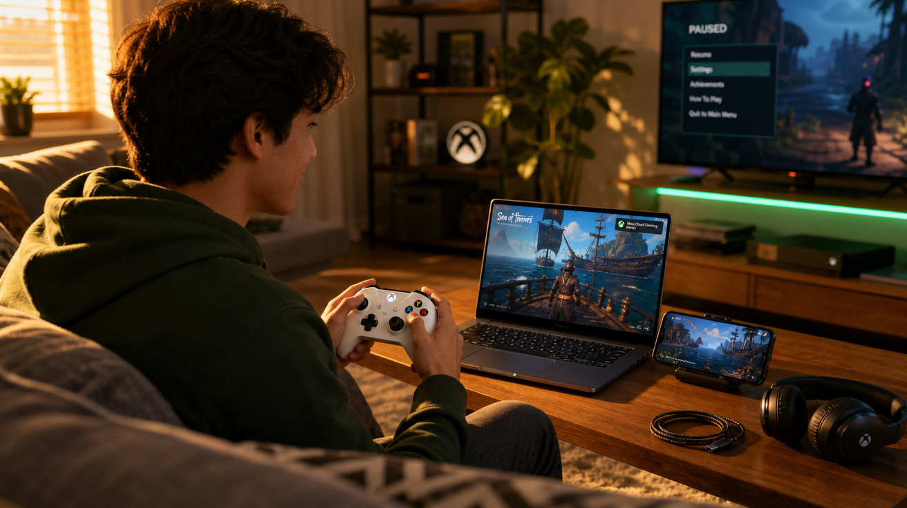 Jovem sentado no sofá jogando videogame com controle branco, laptop, smartphone e TV exibindo o jogo Sea of Thieves.